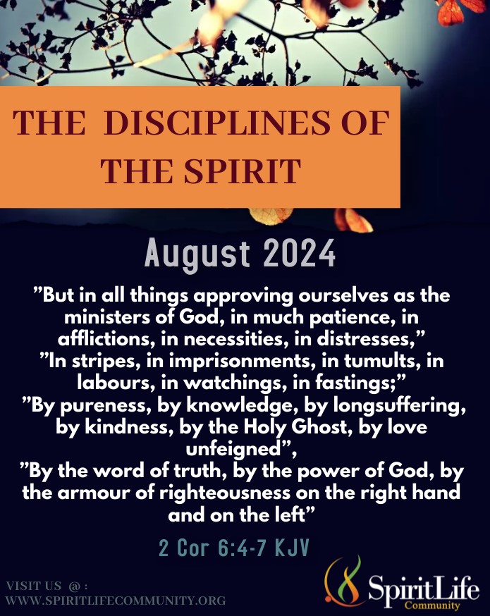 The Disciplines Of The Spirit "2 Cor 6:4-7 KJV"

”But in all things approving ourselves as the ministers of God, in much patience, in afflictions, in necessities, in distresses,”
”In stripes, in imprisonments, in tumults, in labours, in watchings, in fastings;”
”By pureness, by knowledge, by longsuffering, by kindness, by the Holy Ghost, by love unfeigned”,
”By the word of truth, by the power of God, by the armour of righteousness on the right hand and on the left”